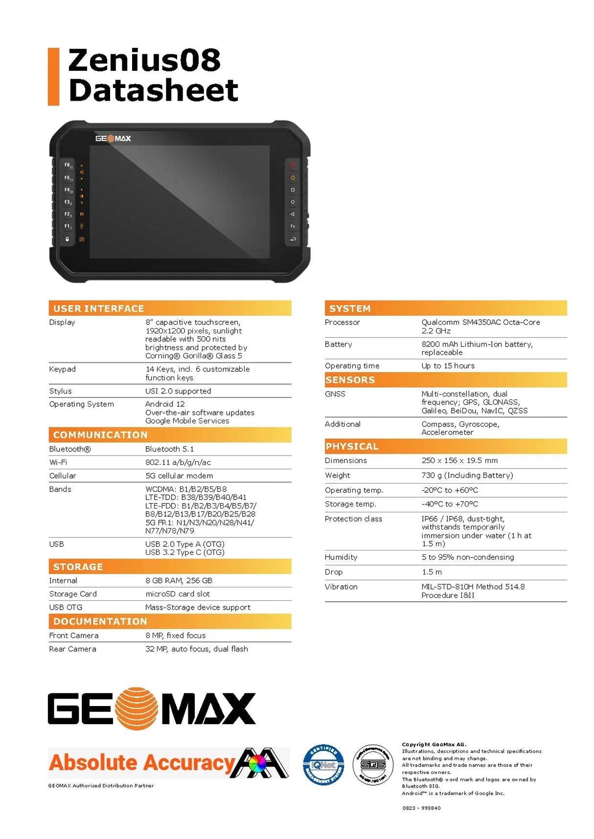 GeoMax Zenius 08 Android Field Controller Tablet 973762 Data Sheet