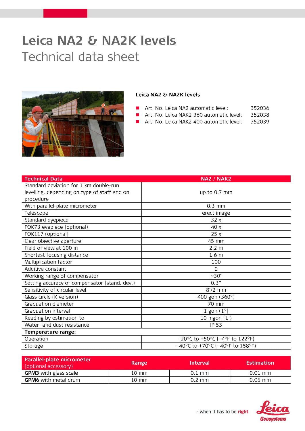 Leica NA2 and NA2K Autolevel Datasheet