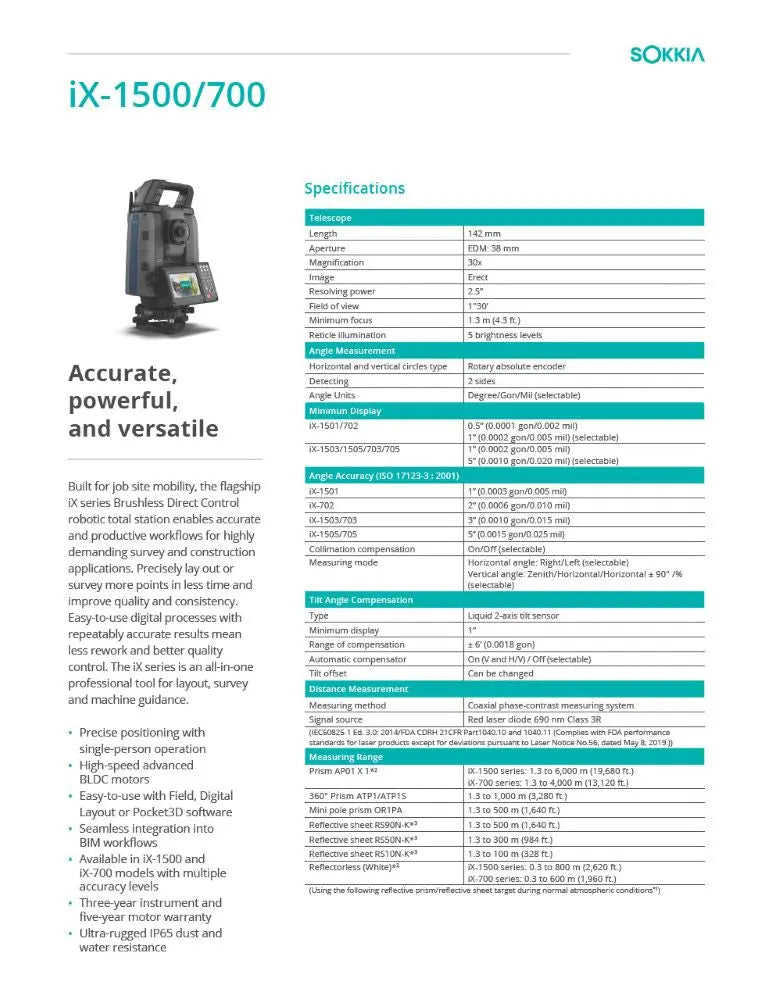 Sokkia iX-1500 700 Robotic Total Station 1074136-01 Data Sheet