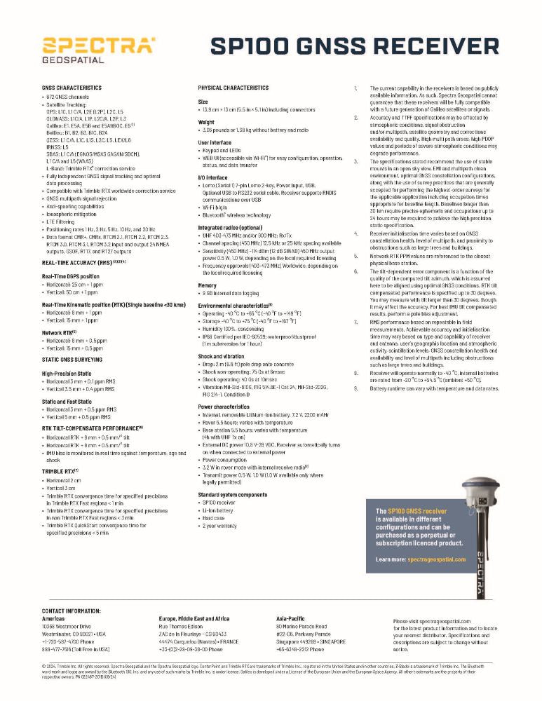 Spectra Geospatial SP100 GNSS Receiver Data Sheet