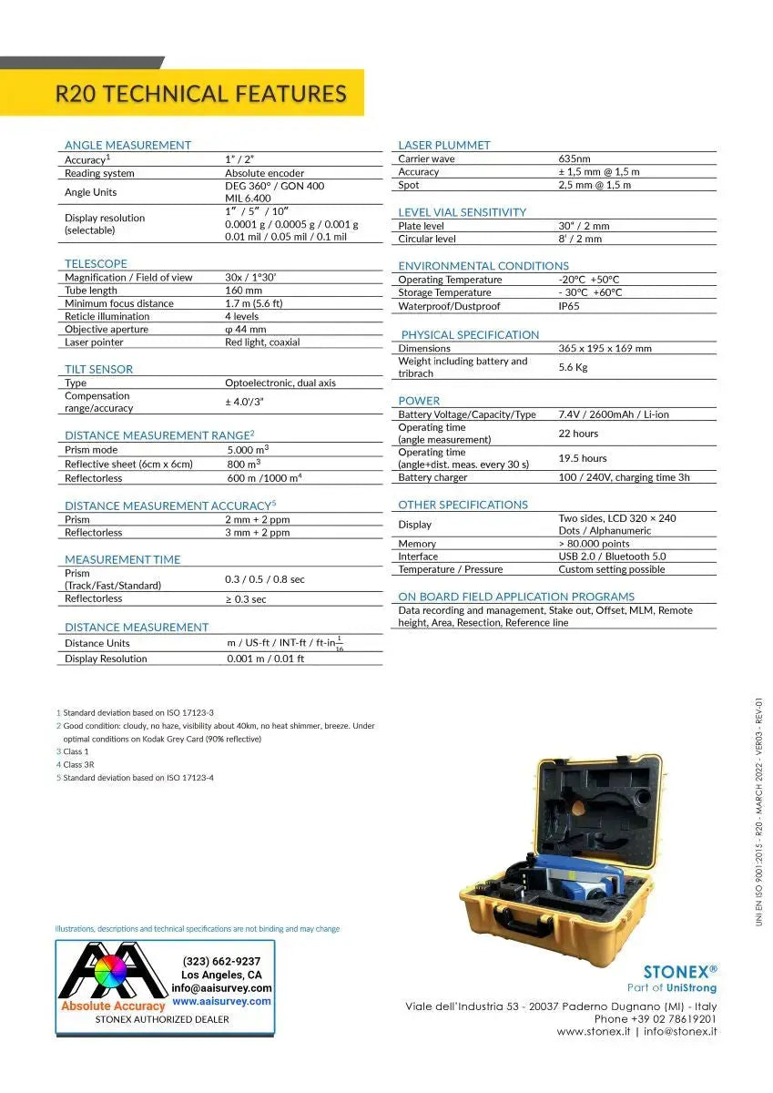 Stonex R20 Total Station B20-220065 Data Sheet