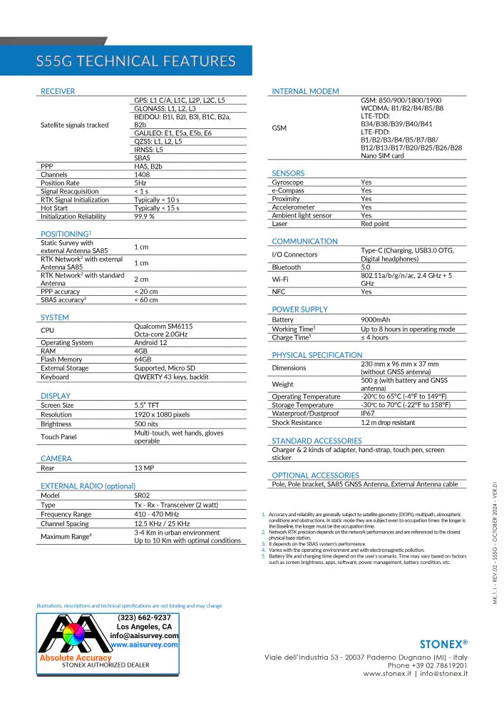 Stonex S55G Field Controller Data Collector 50-550743 Data Sheet