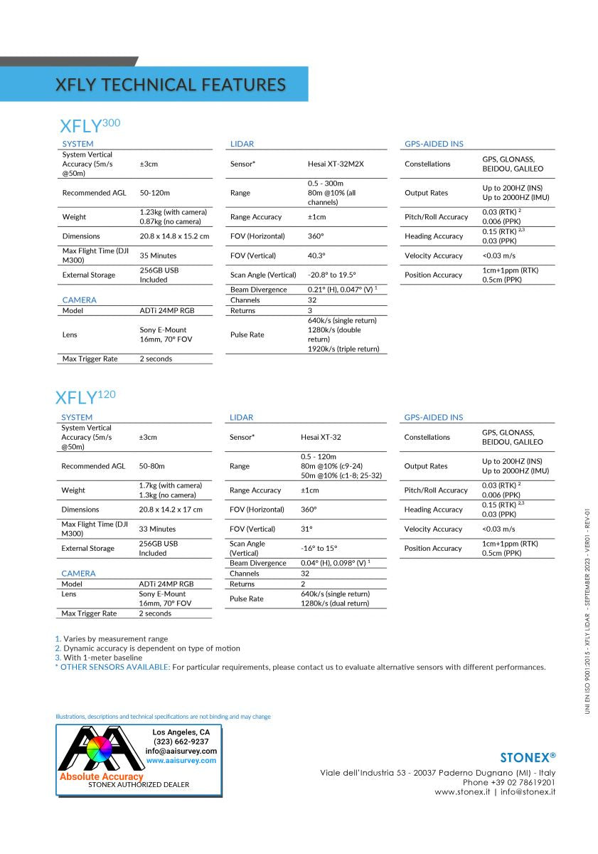 Stonex XFLY120 XFLY300 LiDAR UAV Payload Data Sheet