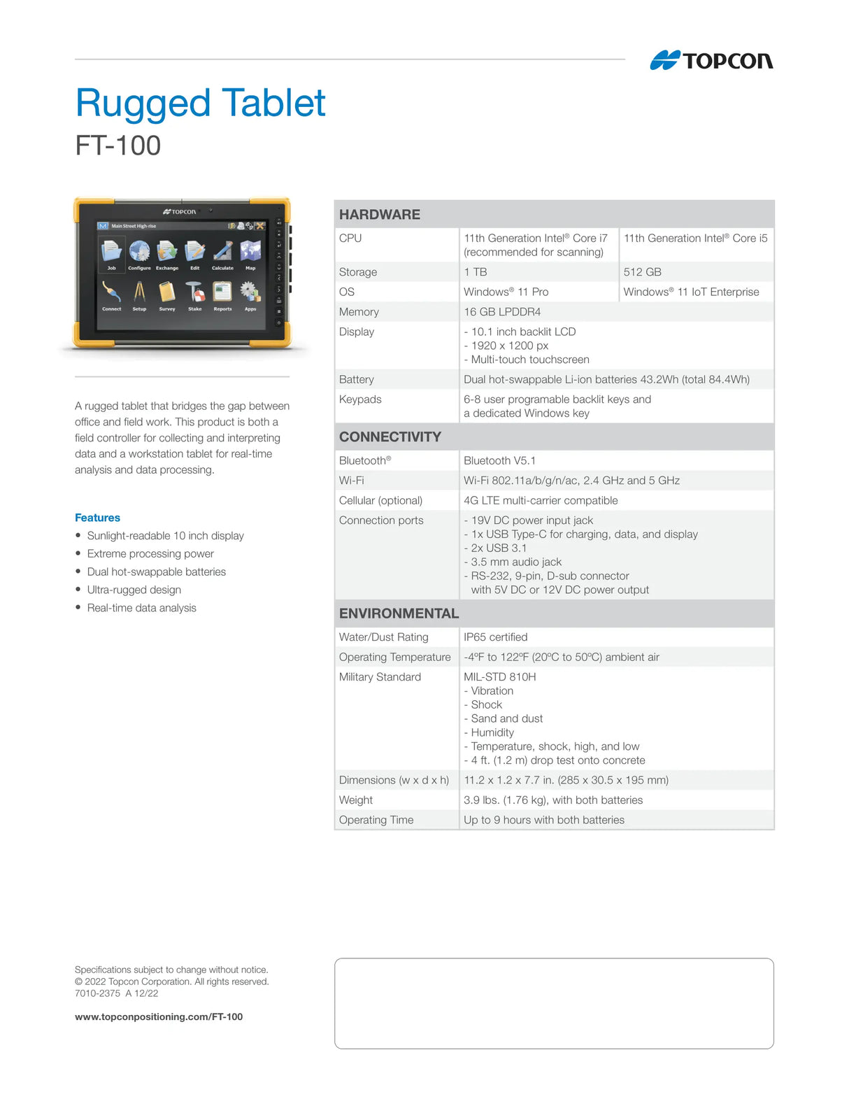 Topcon 1060813-01 FT-100 Rugged Tablet Field Controller Data Collector Data Sheet