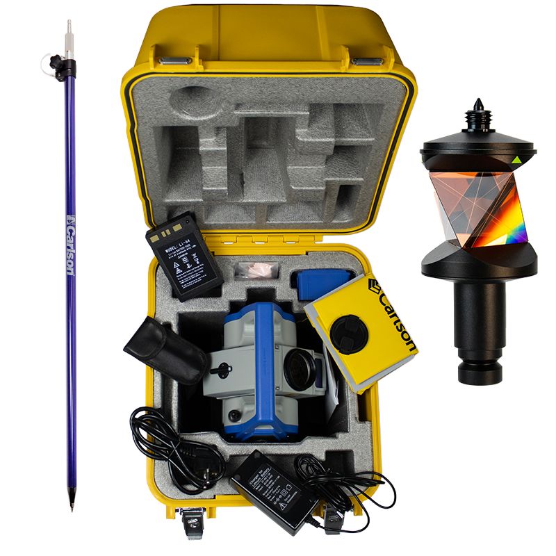 Carlson CRT Robotic Total Station In The Case Top View With Prism and Pole