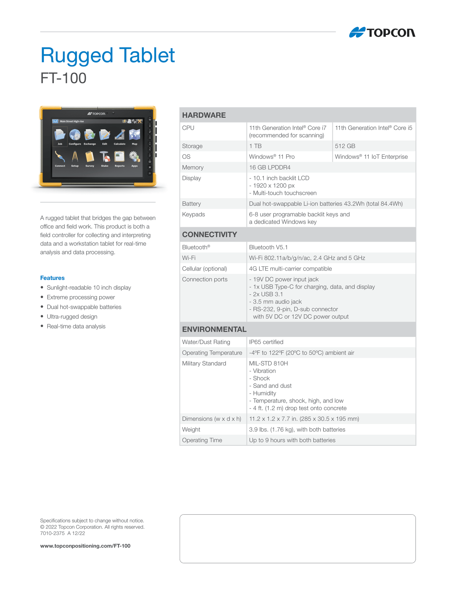 Topcon 1060813-01 FT-100 Rugged Tablet Field Controller Data Collector Data Sheet