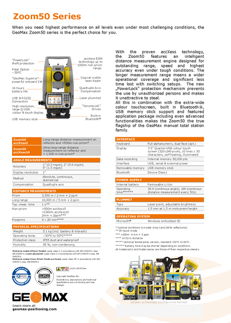 GeoMax Zoom50 Manual Total Station Data Sheet