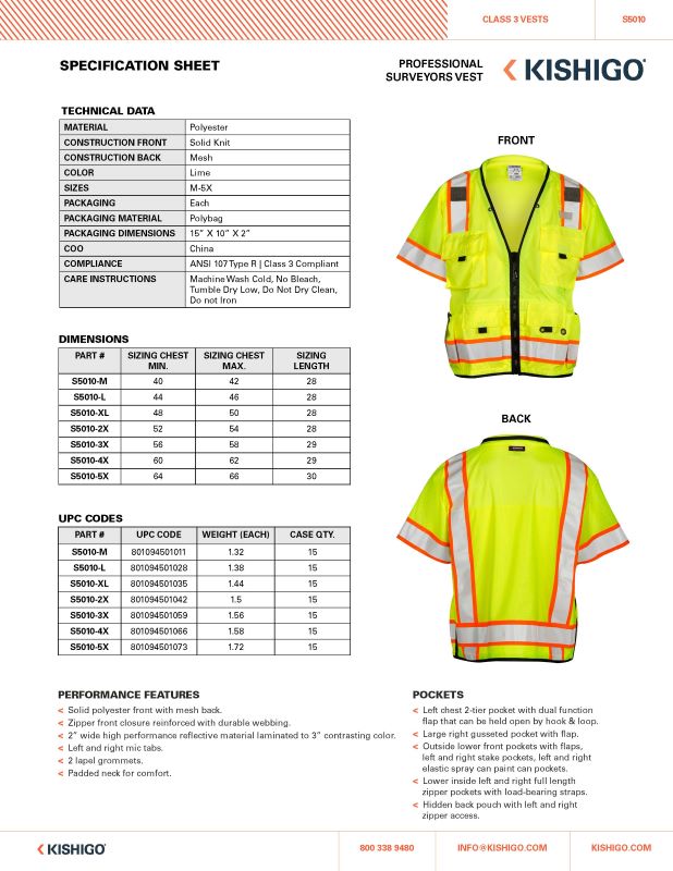 Kishigo S5000, S5010 Professional Surveyors Vest Specification Sheet (2)