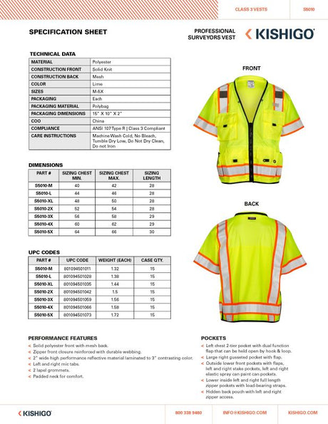 Kishigo S5000, S5010 Professional Surveyors Vest Specification Sheet (2)