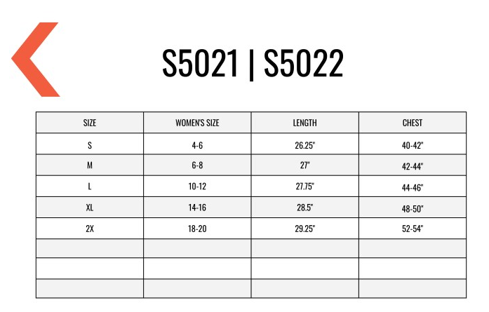 Kishigo S5021, S5022 Womans Heavy Duty Surveying Vest Sizing Chart