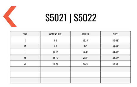 Kishigo S5021, S5022 Womans Heavy Duty Surveying Vest Sizing Chart