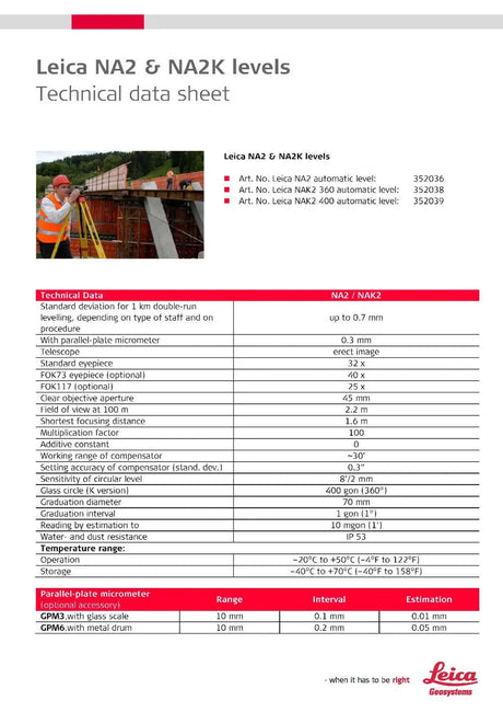 Leica NA2 and NA2K Autolevel Datasheet