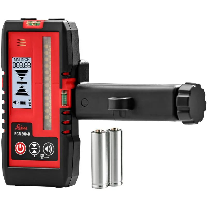 Leica RGR 300-D Digital Line Laser Receiver Front Right with clamp and AA batteries