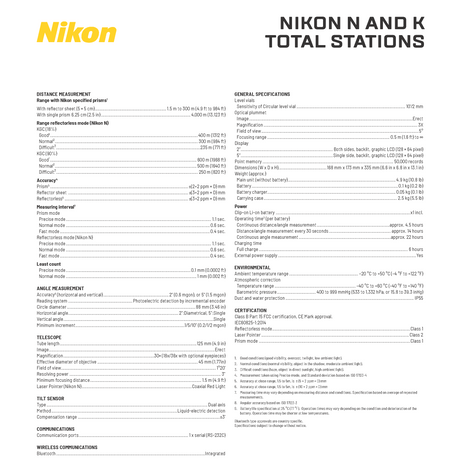 Nikon N and K Series Total Station Data Sheet