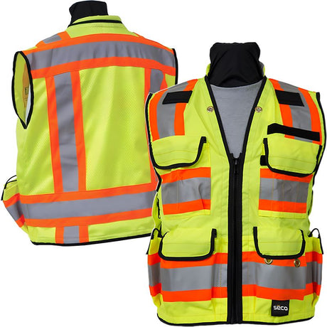 SECO 8265 Safety Utility Vest, Class 2, Flo Yellow, Surveyors Vest Front and Back