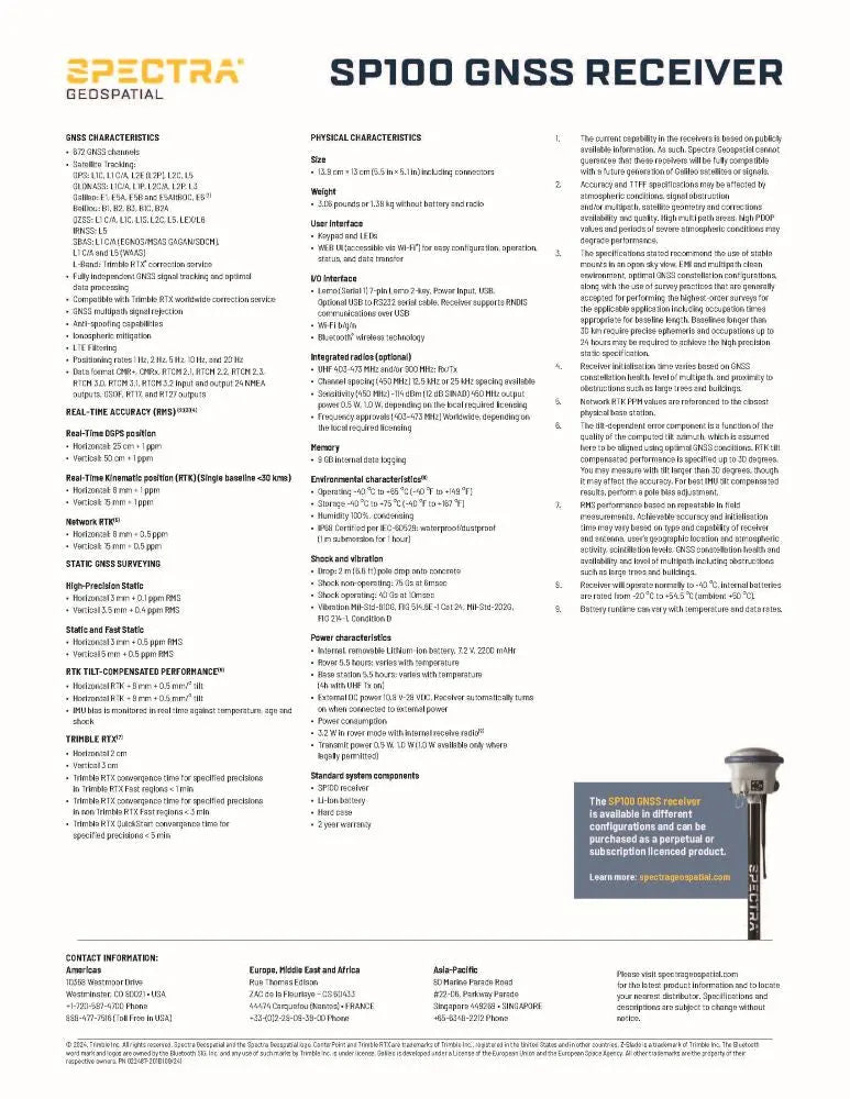 Spectra Geospatial SP100 GNSS Receiver Data Sheet