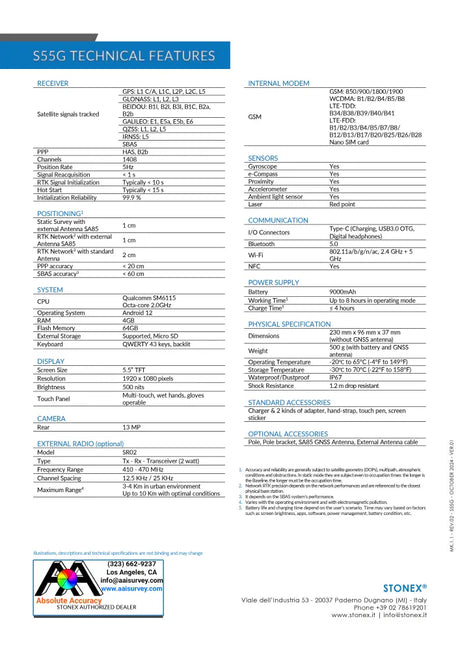 Stonex S55G Field Controller Data Collector 50-550743 Data Sheet