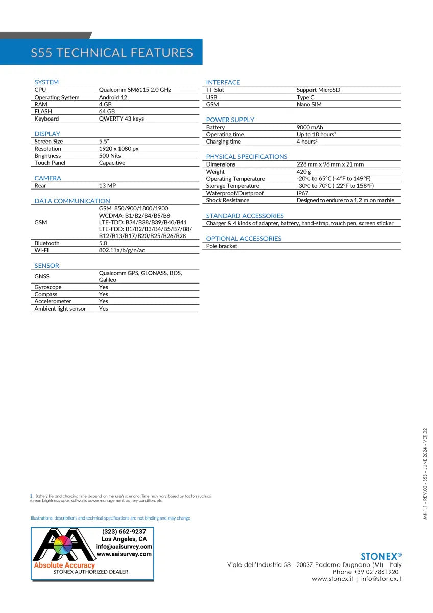 Stonex S55 Field Controller Data Collector 50-550740 Data Sheet