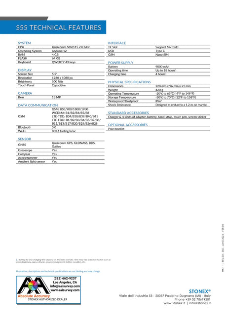 Stonex S55 Field Controller Data Collector 50-550740 Data Sheet