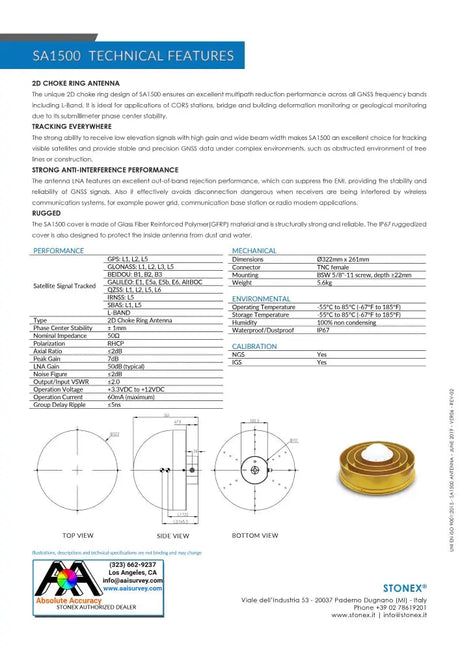 Stonex SA1500 GNSS Antenna 2D Choke Ring 30-357128 Data Sheet