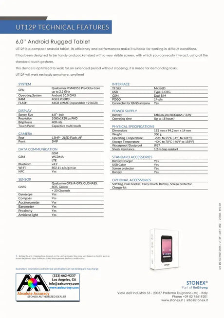 Stonex UT12P Data Collector Field Controller 50-550731 Data Sheet
