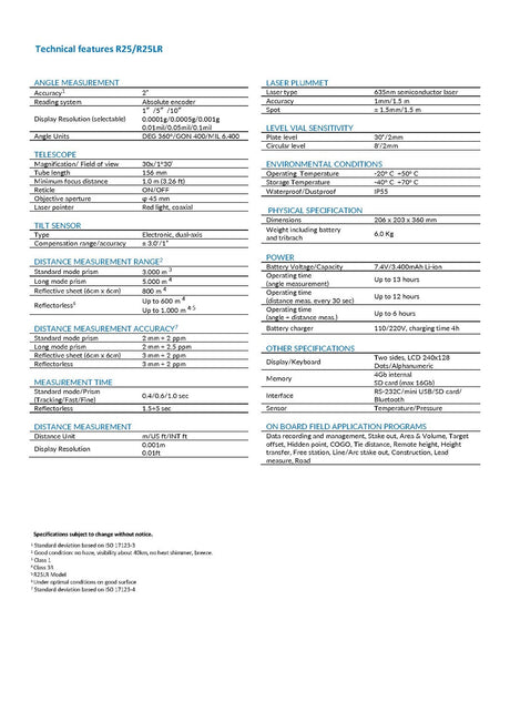 Stonex R25LR Manual Total Station Data Sheet