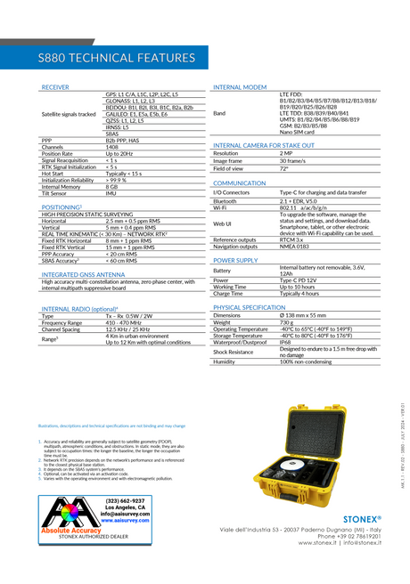 Stonex S880 GNSS Receiver B10+150220 Data Sheet