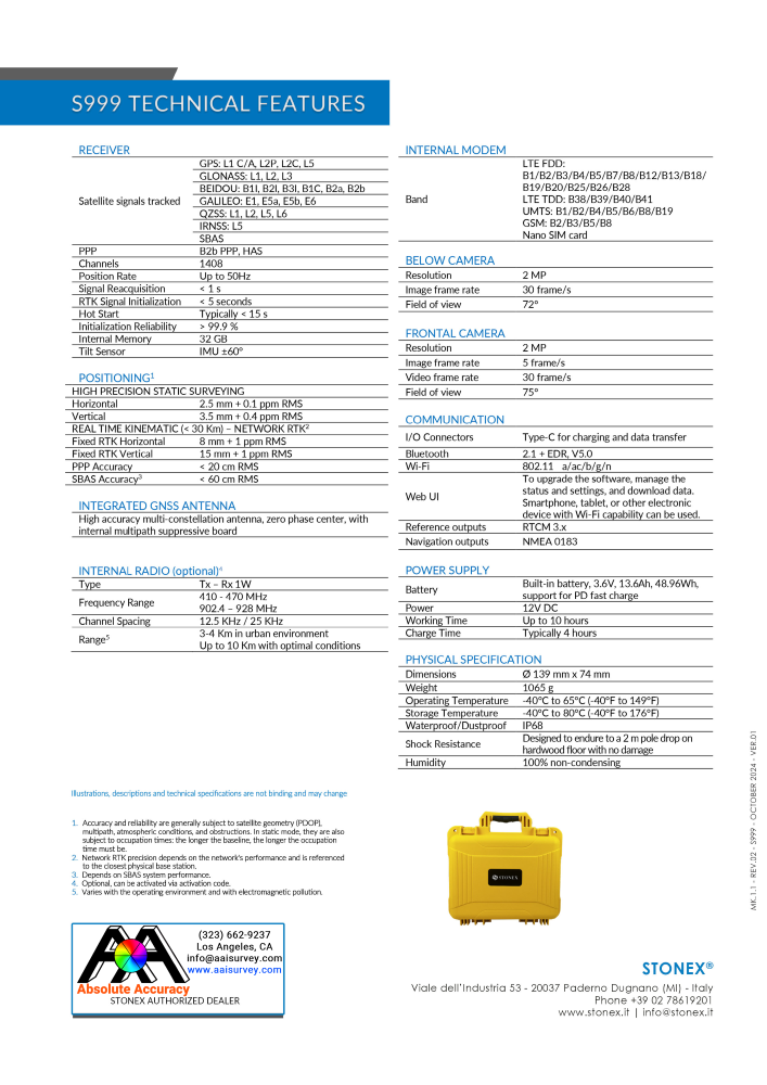 Stonex S999 GNSS Receiver B10+150221 Data Sheet