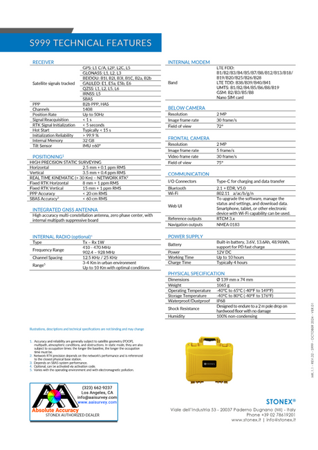 Stonex S999 GNSS Receiver B10+150221 Data Sheet