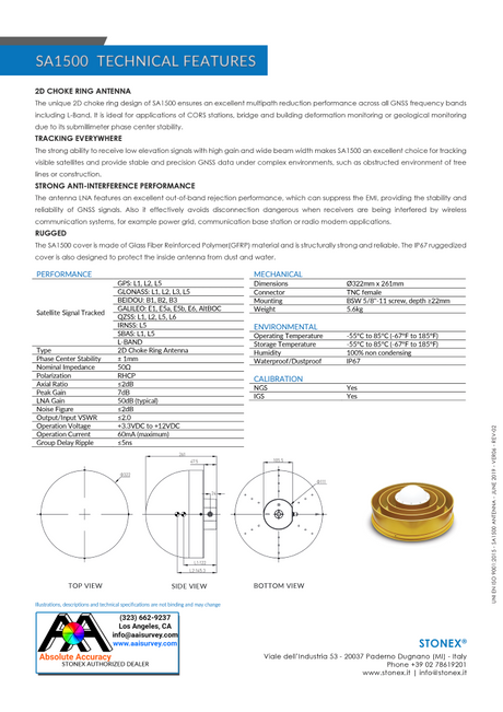 Stonex SA1500 GNSS Antenna 2D Choke Ring 30-357128 Data Sheet