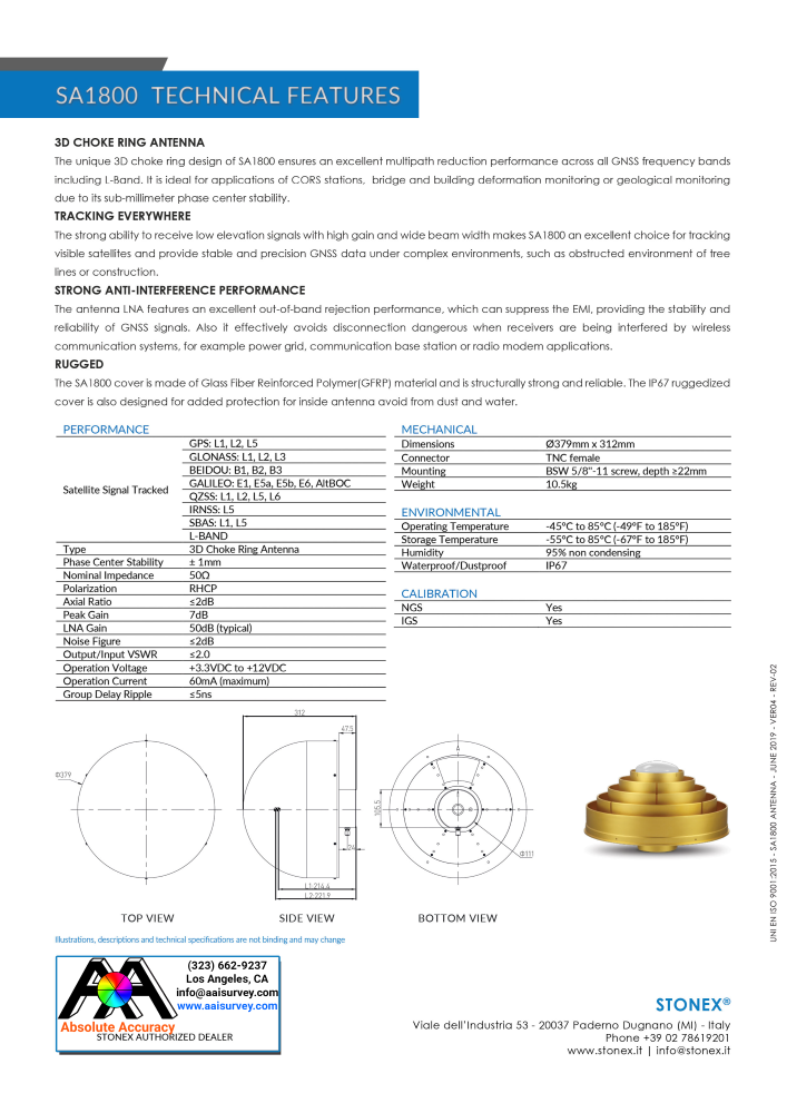 Stonex SA1800 GNSS Antenna 3D Choke Ring 30-350243 Data Sheet