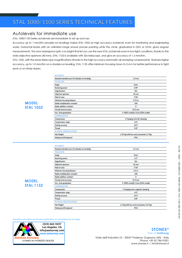 Stonex STAL1032 Autolevel 32x 70-750033 Data Sheet