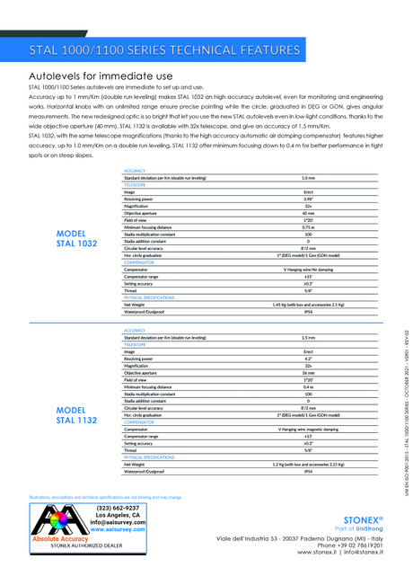 Stonex STAL1032 Autolevel 32x 70-750033 Data Sheet