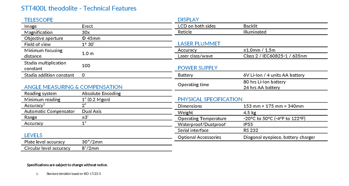 Stonex STT402L Theodolite B20-300012 Data Sheet