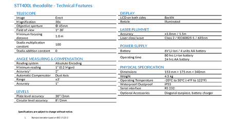 Stonex STT402L Theodolite B20-300012 Data Sheet