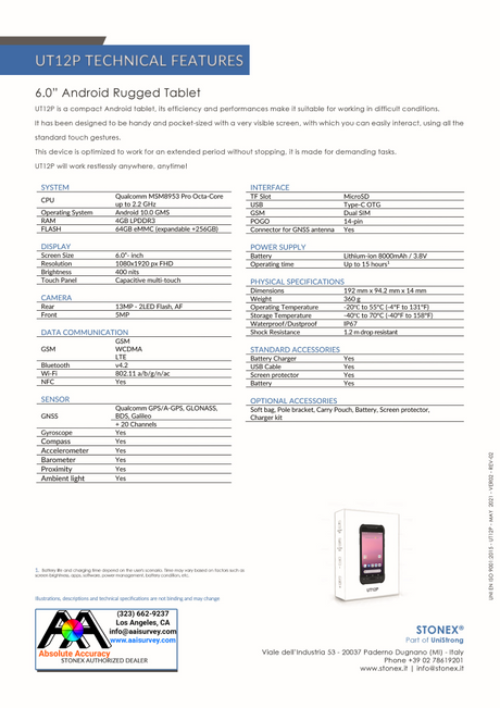 Stonex UT12P Data Collector Field Controller 50-550731 Data Sheet