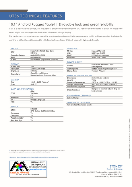 Stonex UT56 Android Rugged Tablet 50-550729 Data Sheet