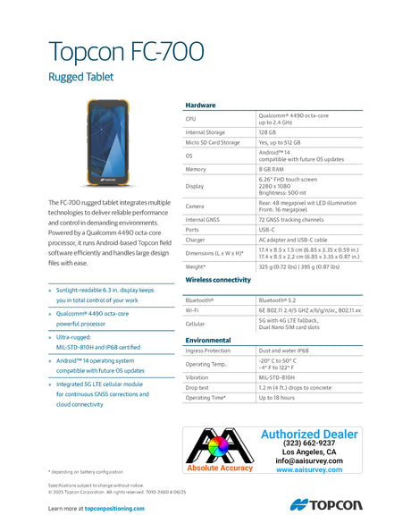 Topcon FC-700 Data Collector Data Sheet