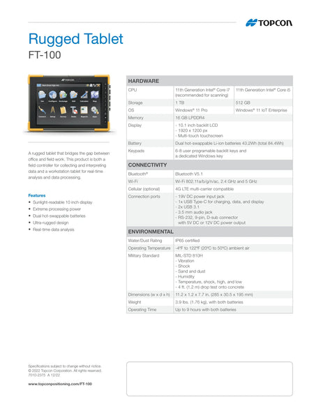 Topcon 1060813-01 FT-100 Rugged Tablet Field Controller Data Collector Data Sheet